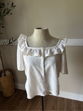 Ann Taylor White Ruffle Square-Neck Button-Front Blouse